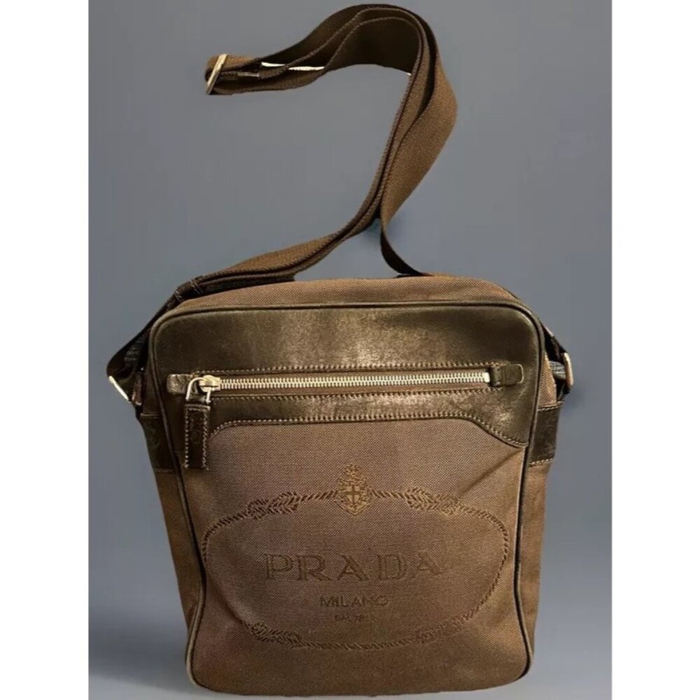 Prada Canapa Messenger‎ Bag Jacquard Brown Canvas Leather With Logo Vintage